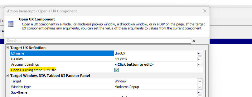 The Open a UX action builder with the Open UX using static HTML
file property checked.
